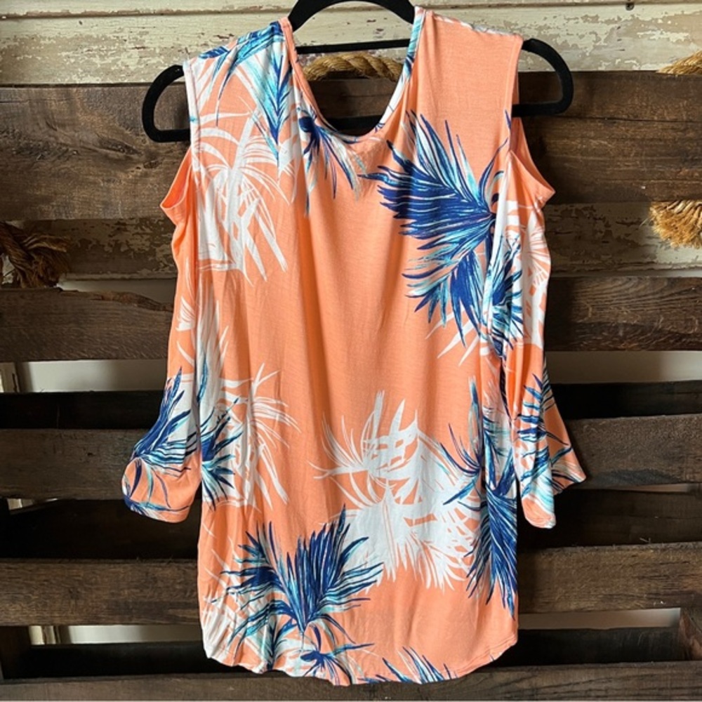 ๐ PALM GROVE Cold Shoulder 3/4 Sleeve Print Top in Orange/Blue/White XL